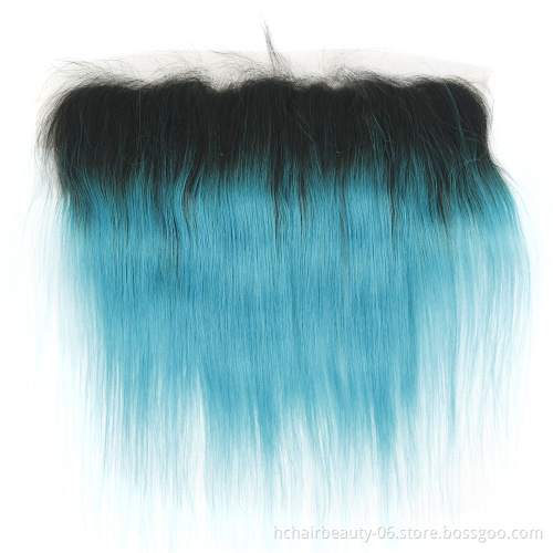 Ombre #1B/Blue Peacock Bundles With Frontal Straight Ombre Blue Human Hair Bundles With Lace Frontal Brazilian Remy Human Hair